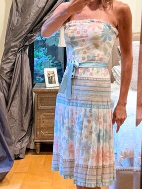 Strapless Luca Luca Floral Midi Dress in Pastel Blue and Pink